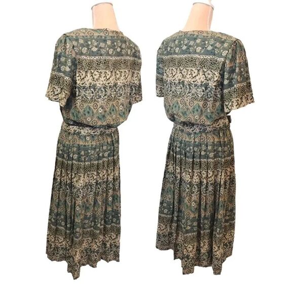 VTG 80s Green Floral Print Belted Pleated Midi Dress Size 16 *Fits like Large - Picture 14 of 17